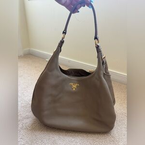 Prada Leather Hobo Shoulder Bag Taupe with Gold Hardware